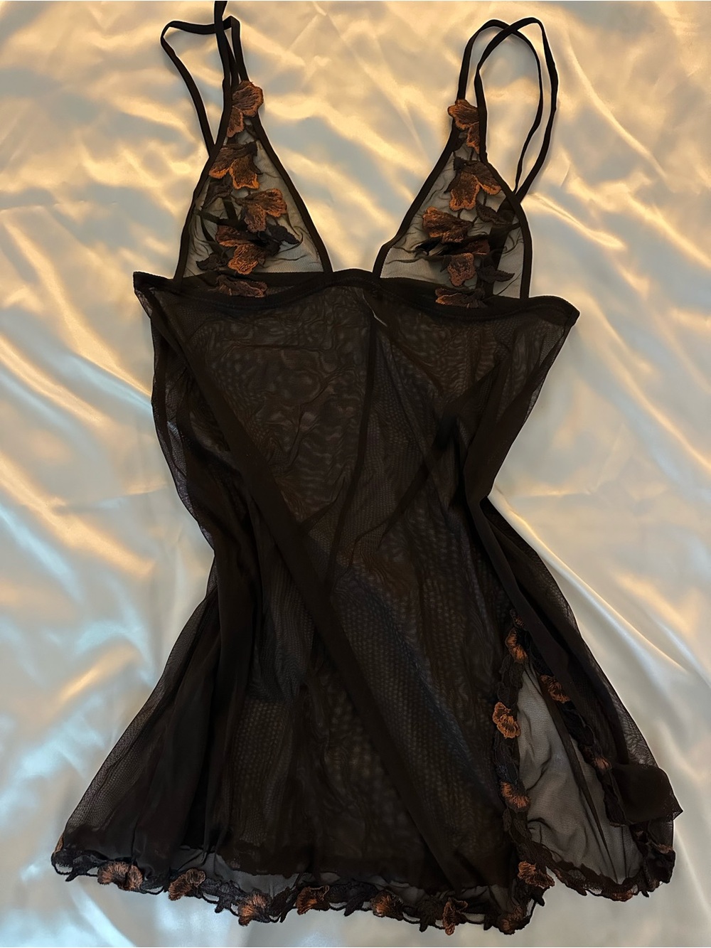 La Perla Brown Sheer Floral-Embroidered Mesh Chemise